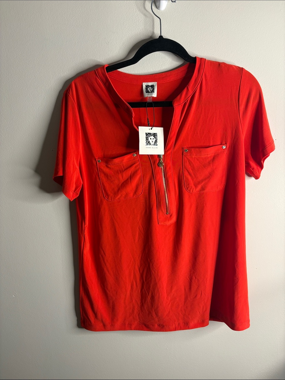 Anne Klein Bright Coral Short Sleeve Top with Zip Accent